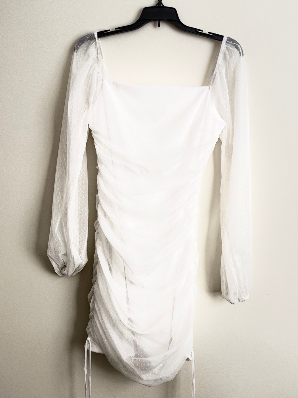Jump White Ruched Sheer-Sleeve Mini Dress with Square Neck